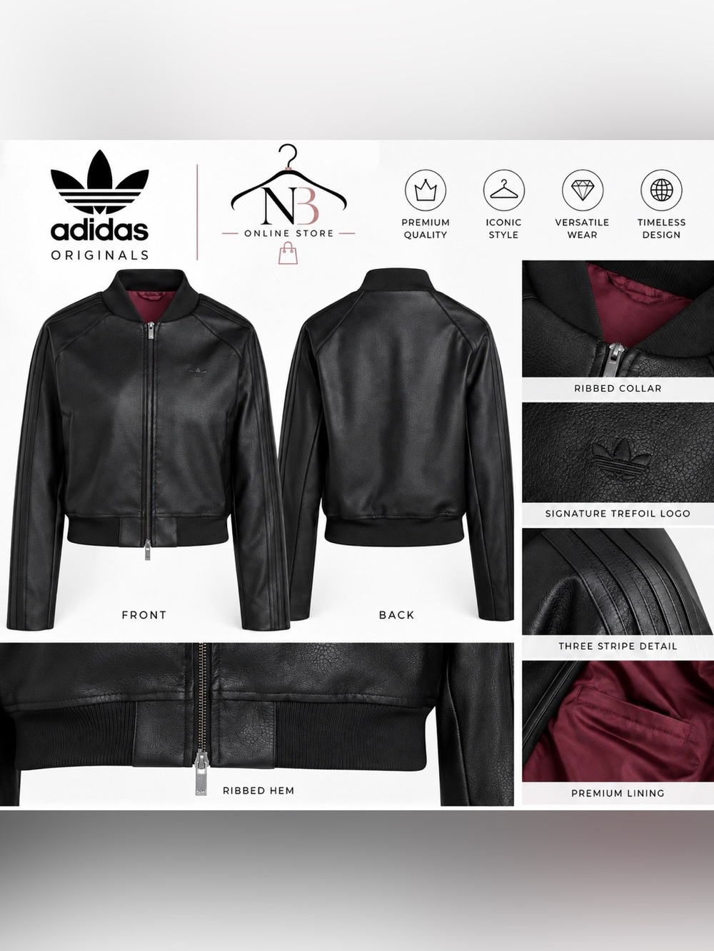 adidas Black faux PLEATHER SST Bomber Jacket with Burgundy Lining